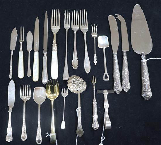 A small collection of silver, silver-mounted and plated flatware and serving utensils
